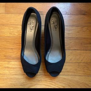 Black peep toe wedges